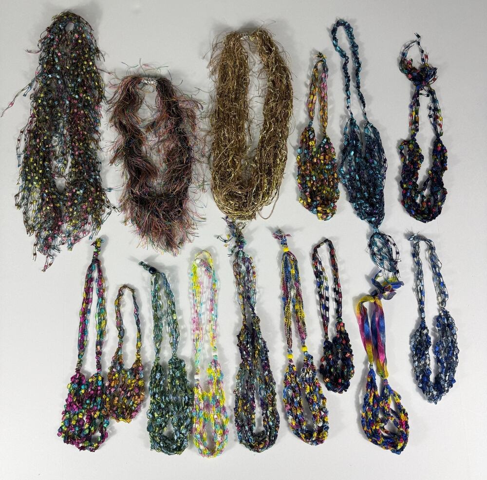 Bulk Lot 17 Hand Crocheted Ribbon Yarn Necklaces Eyelash Trellis Fiber Jewelry